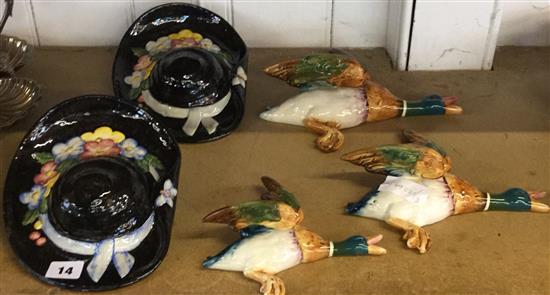Set of 3 Beswick flying ducks & 2 hat wall pockets